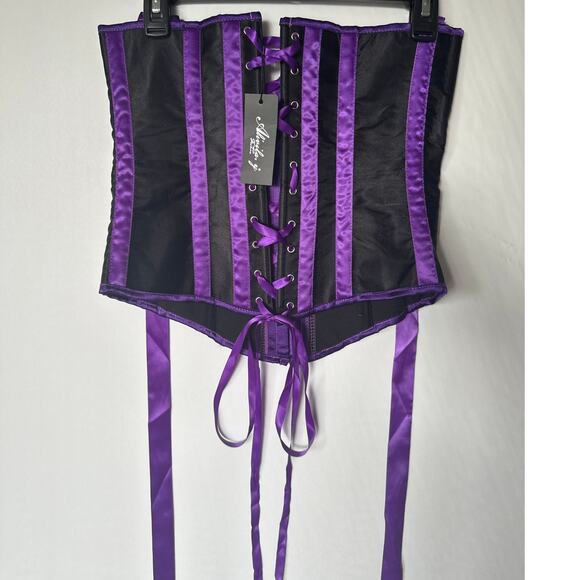 Black & Purple🌿Satin Corset Bustier Lace-Up Back Gothic Corset Cosplay Costume - Picture 2 of 6
